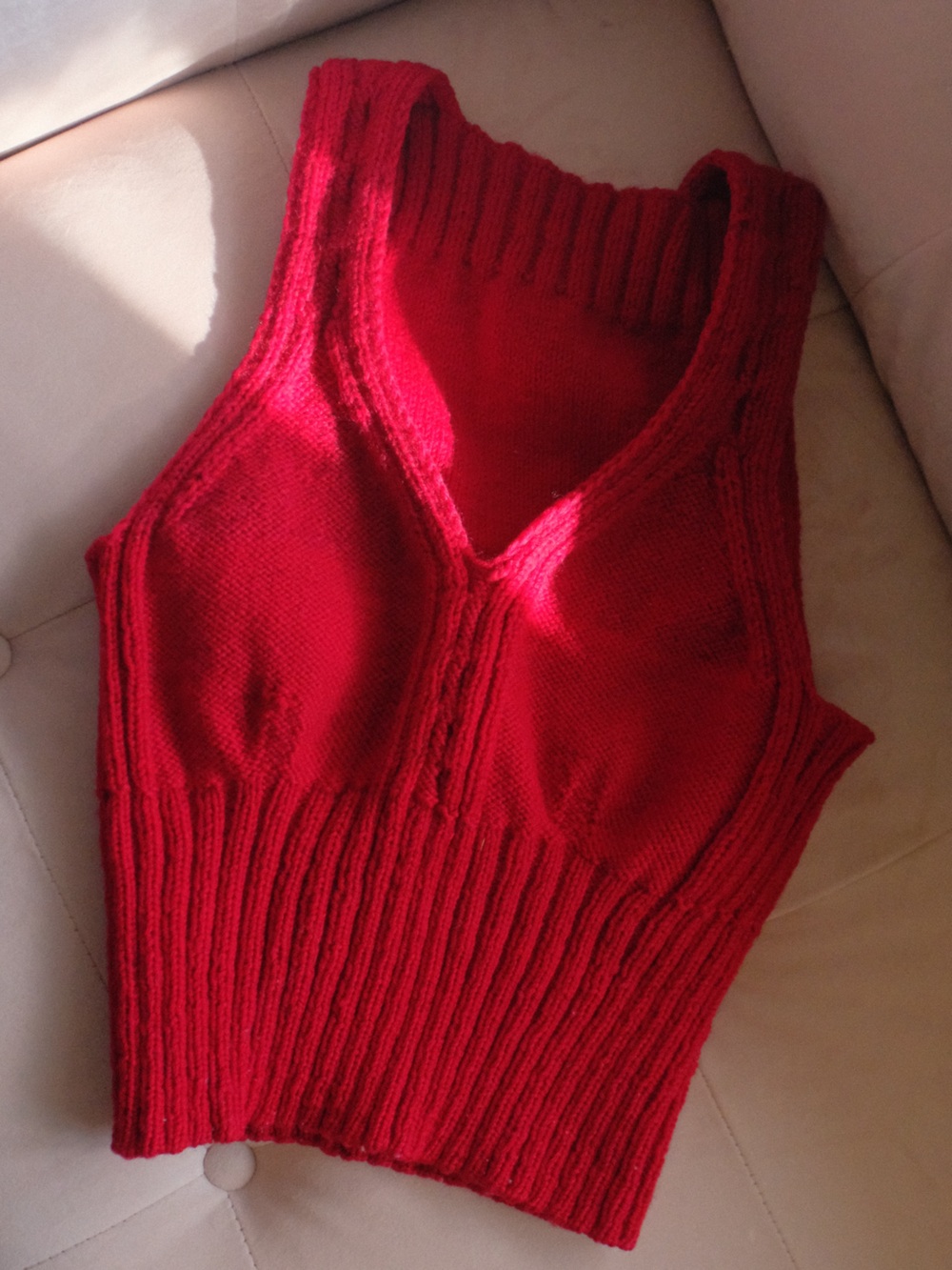 Hand knit Red Ribbed sweater vest - Soft Stretch Fit